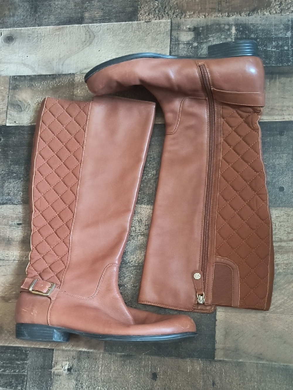 Isaac Mizrahi Live Tan Leather Quilted Tall Riding Boots Sz 9 Wide Women